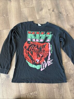 Kiss Black Long-Sleeve Tee with Red, Green & Pink Graphic